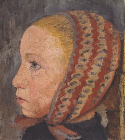 Cabeça da menina com tampa listrada no perfil para a esquerda de Paula Modersohn-Becker